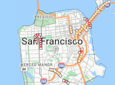 Orange and red lines on map roads.